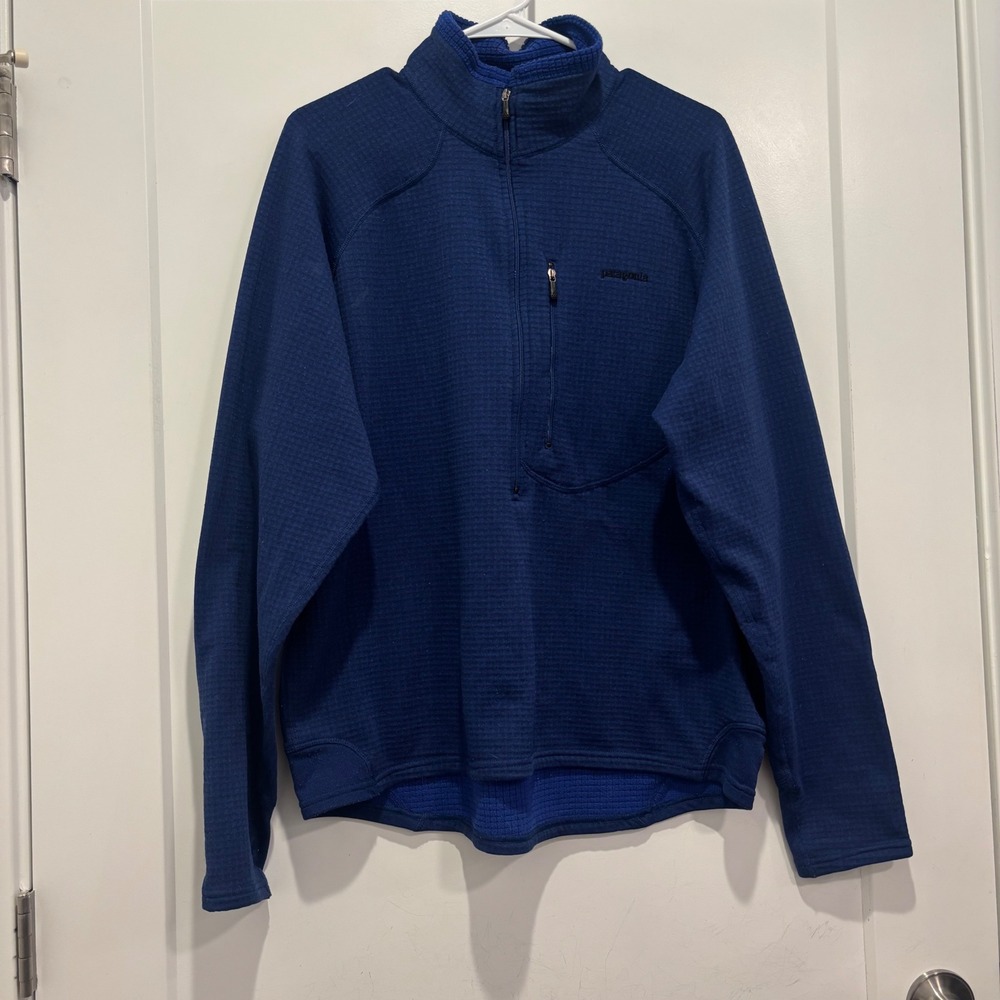 Patagonia R1 Pullover Mens Large Blue Grid Fleece Quarter Zip Midlayer Jacket